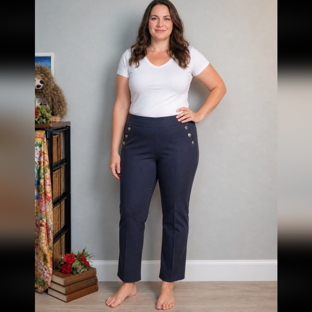 TOZ & ALI 16 Petite Button Hand Pockets Elastic Waist Stretchy Pants